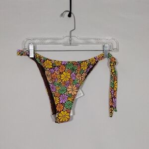 NWT Roxy Brown Floral Bikini Bottom All About Sol Cheeky TS Women Size Large
